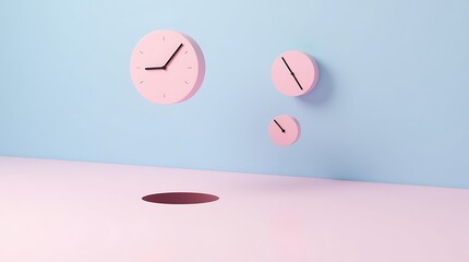 Pastel aesthetic time management concept with floating clocks and hole in floor surreal design 3d render