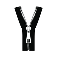 Black zipper with metal slider partially open on white background graphic illustration vector.