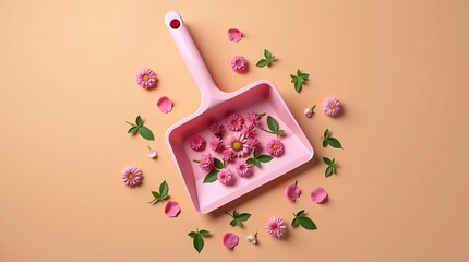 Dustpan filled with pink flowers and petals on a peach background spring cleaning concept floral art flat lay