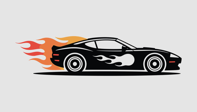 Black sports car with orange and red flames on side and exhaust automobile vehicle isolated white background.