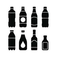 Collection of black silhouette icons of various beverage bottles and containers on a white background.