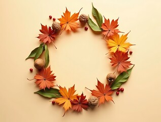 Autumn wreath with maple leaves walnuts and berries on beige background fall season decoration design