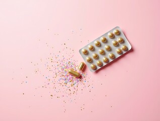 Gold pills capsules blister pack on pink background medicine pharmaceutical health care wellness supplements