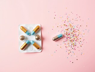 Glitter pills capsules medication treatment concept on pink background for medical and healthcare use