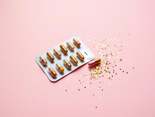 Glitter pills capsules medicine medication pharmaceutical drugs pink background health and wellness concept