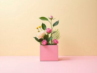 Pink roses flower arrangement in square vase floral design minimalist aesthetic home decor pastel colors