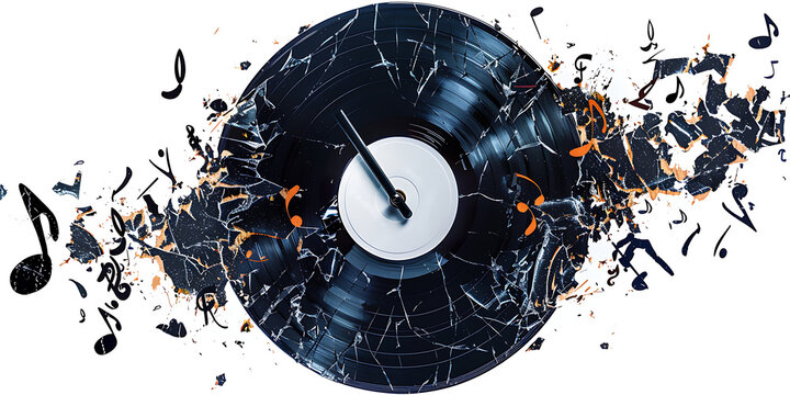 Shattered vinyl record explodes with musical notes, symbolizing destruction of sound.