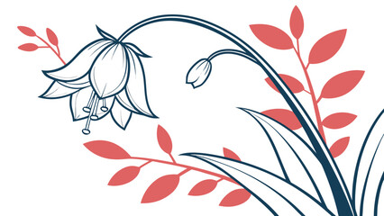 Obraz premium Stylized illustration of a bell-shaped flower with a bud and leaves, accented by coral branches on a white background.