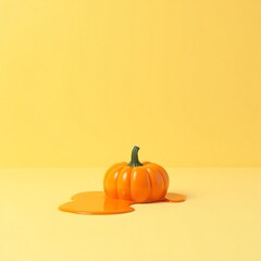 Bright yellow background with orange pumpkin and melted paint for halloween and fall season decor