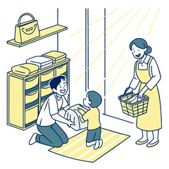 A family, including a father, mother, and child, happily doing laundry and household chores together in a sunlit room.