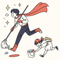 A man in a red cape mops the floor while a child helps with a bucket, making cleaning fun and heroic.