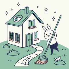 A cute cartoon rabbit character happily sweeps the path in front of a clean, green-roofed house with a small white cat nearby, surrounded by sparkling clean grass.