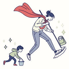 A superhero mom in a red cape energetically sweeps the floor with a broom and dustpan while her young son helps by carrying a bucket, illustrating efficient domestic cleaning.