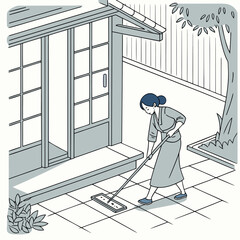A woman in traditional Japanese attire diligently sweeping the tiled outdoor area of a house with a long-handled mop.