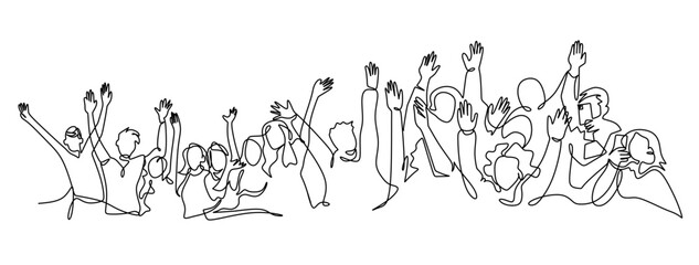 Cheerful crowd cheering illustration. Hands up. Group of applause people continuous one line vector drawing