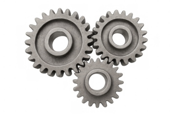 Three metal gears working together, representing cooperation, operational systems, engineering, and problem-solving. Transparent background