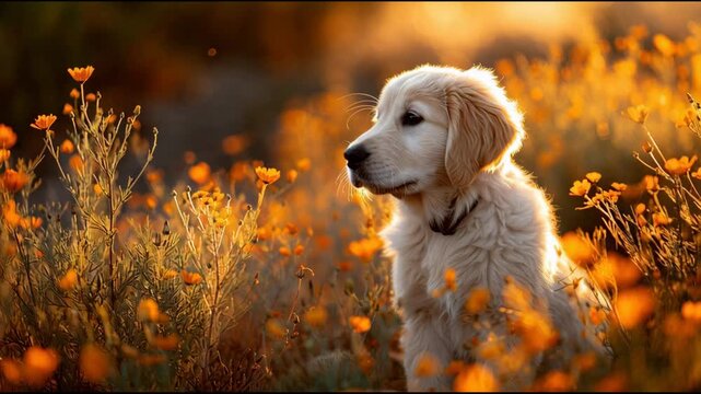 Golden Retriever Puppy Sitting in a Field of Orange Wildflowers at Golden Sunset