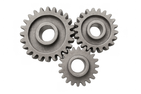 Three metal gears working together, representing cooperation, operational systems, engineering, and problem-solving. Transparent background