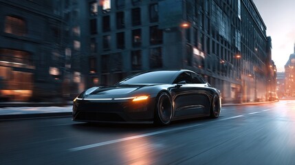 Fototapeta premium Dynamic Electric Car in Motion Urban Cityscape Photography Evening Light Low Angle Futuristic Transportation Concept
