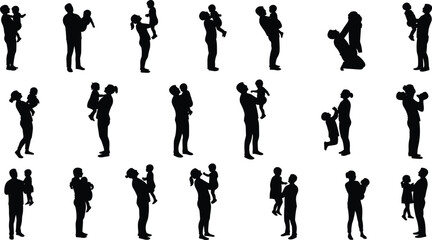 Adult and child silhouettes interacting, parents holding, lifting, playing, embracing children,