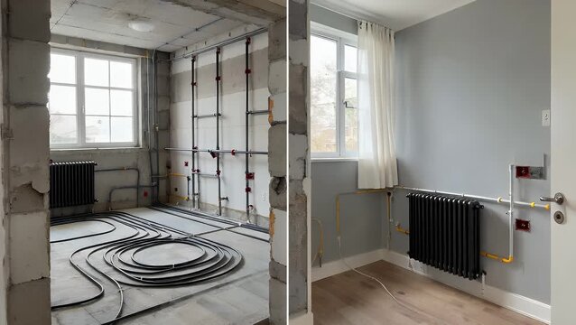 Comparative  visualization of two residential interior spaces showing the condition before restoration and the results after complete renovation  including features like large windows and heating