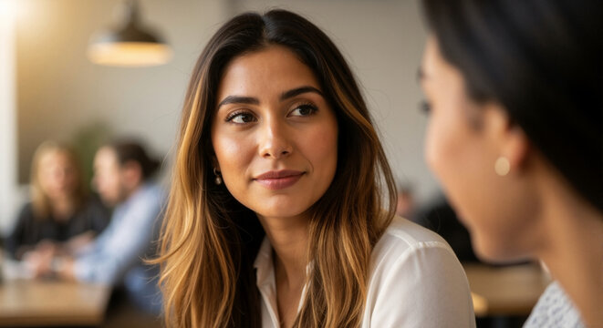 An attentive young businesswoman listens to her interlocutor in a cafe.