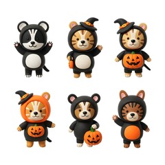 Naklejka premium Set of cute cartoon animals wearing Halloween costumes with pumpkins and witch hats isolated on white background.