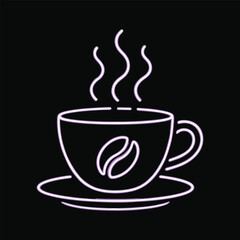 Steaming cup of coffee with coffee bean symbol on saucer in neon purple outline on black background