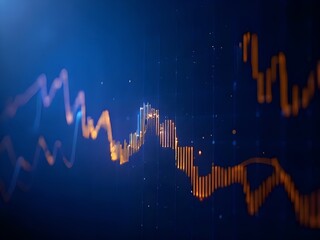 A dark, deep blue abstract background featuring glowing orange and yellow line graphs and bar charts, representing dynamic financial data, stock market analysis, or economic trends.