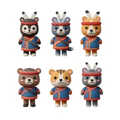 Obraz premium Six adorable cartoon animal characters, each dressed in Native American-inspired outfits, standing.