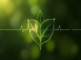 A stunning conceptual image featuring two intertwined green leaves at the center, overlaid with a glowing, neon-green electrocardiogram (ECG) line. The line forms a distinct heartbeat pulse.