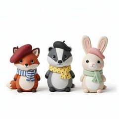 Naklejka premium Three cute cartoon animals: a fox, a badger, and a rabbit, all wearing berets and scarves, standing in a row.