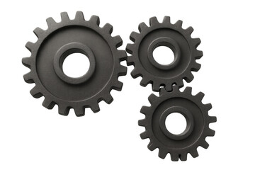 Interlocking dark gears forming a mechanical system on a transparent background, representing teamwork and engineering