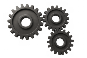 Interlocking dark gears forming a mechanical system on a transparent background, representing teamwork and engineering