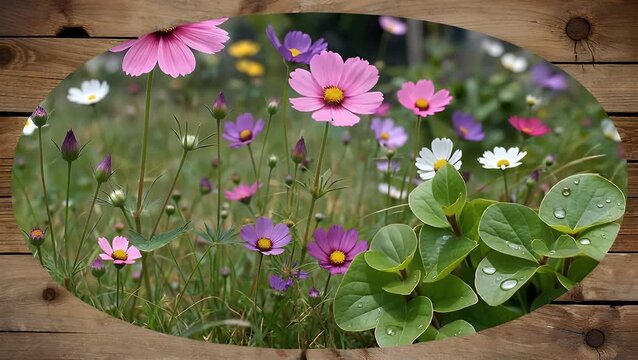 oval-shaped frame decorated with an assortment of wild meadow flowers and various grasses  intended for use in creating collages  postcards  greeting cards  and wedding