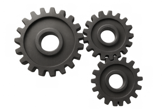 Interlocking dark gears forming a mechanical system on a transparent background, representing teamwork and engineering - Powered by Adobe