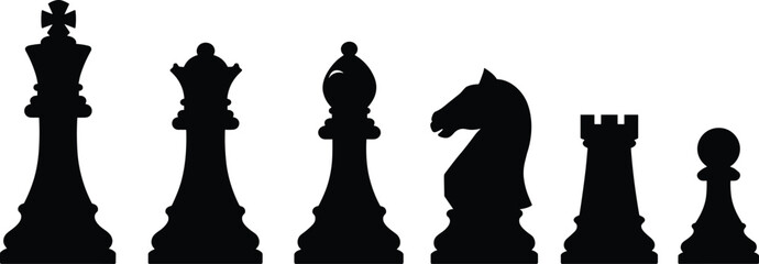 Chess pieces silhouettes collection, king, queen, bishop, knight, rook, pawn, strategy game icons, board game vector set, competition design illustration © Creatives Mind