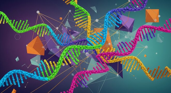 Vibrant, colorful DNA strands intertwine with abstract geometric shapes in science concept