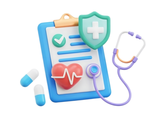 Stethoscope healthcare checkmark on isolated background. Clipboard paper health checkup heartbeat medical doctor concept. diagnosis protection insurance report information service. 3d rendering 