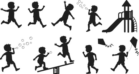 Children silhouettes playing outdoors, kids running, blowing bubbles, flying kites, playground vector set, childhood activity illustration, family lifestyle, recreation design, clipart collection