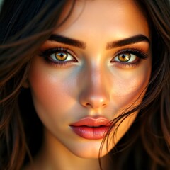 Stunning Woman with Captivating Golden Eyes and Luscious Lips in Warm Sunlight