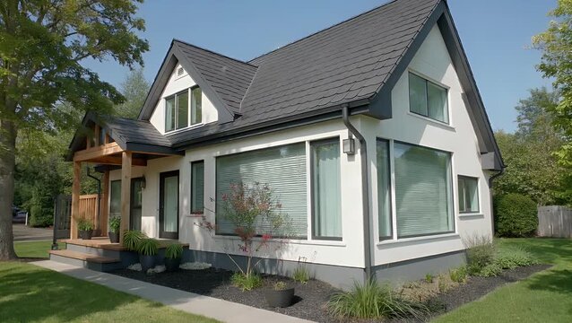 photographic view capturing a contemporary style residential dwelling located in a suburban neighborhood setting showcasing designs that have been digitally modified to ensure