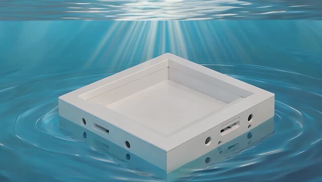pale-colored cylindrical platform or stand isolated in a body of blue liquid  a vacant pedestal intended for exhibit purposes  computer-generated