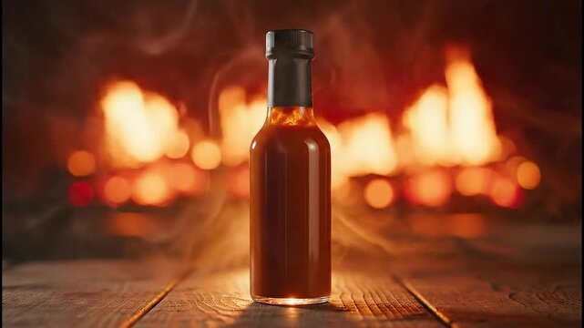 Spicy Flavor: Hot Sauce Bottle with Fiery Background