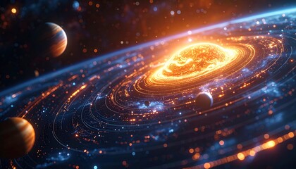 A mesmerizing cosmic ballet showcasing a sun-like star and orbiting planets in outer space