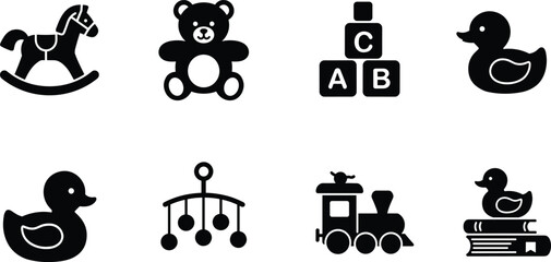 Children toys vector silhouettes, rocking horse, teddy bear, alphabet blocks, rubber duck, baby mobile, toy train, educational icons, childhood objects illustration