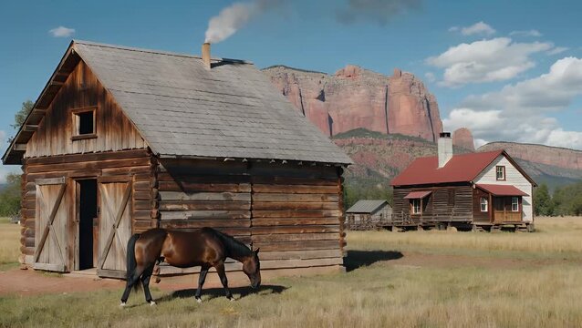 historical agricultural structure and a renowned farmhouse situated within the boundaries of a famous national park characterized by its towering sandstone