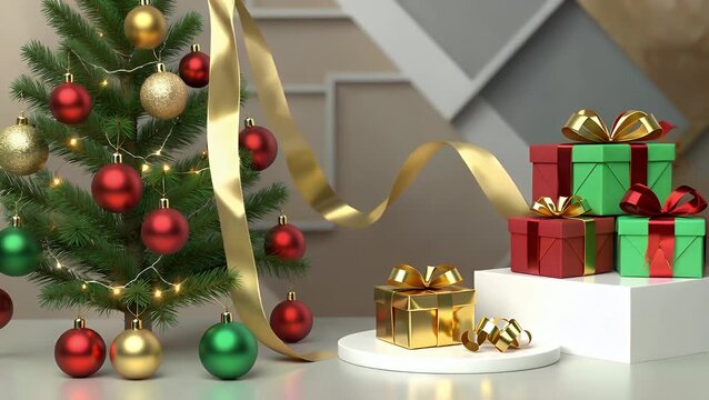 three-dimensional computer-generated image arranged for promotional purposes  containing festive ornaments like spherical decorations  a conical tree  a present container  and a staging area 