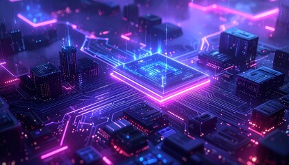 Futuristic city integrated on a circuit board with neon glow, showcasing advanced technology and