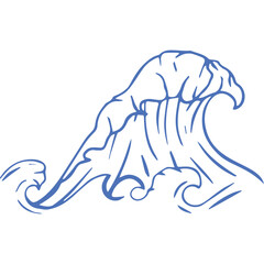 Blue Line Art Drawing Of A Bear Surfing On A Big Wave On A Transparent Background